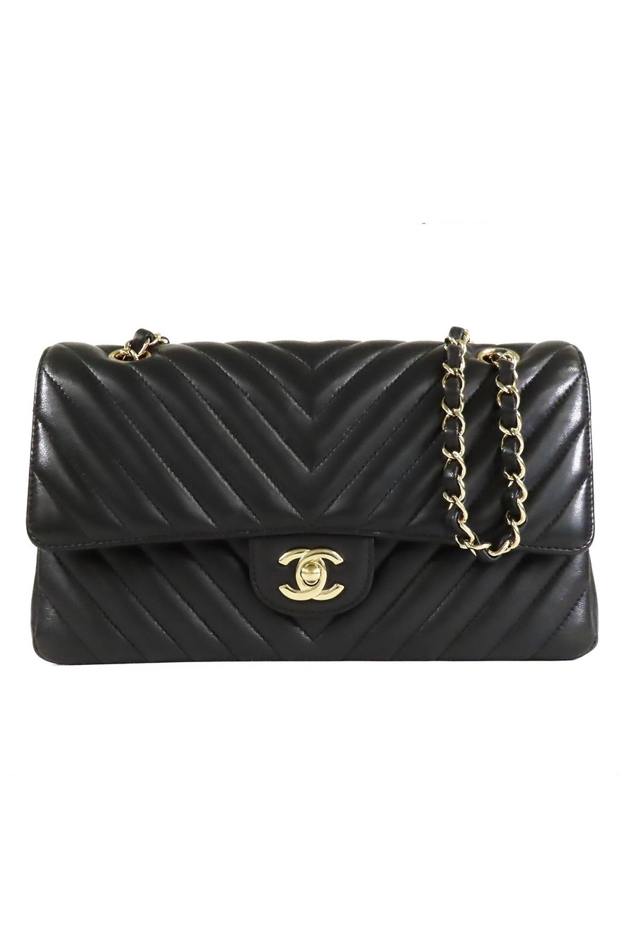 Chanel Stitch Double Flap Chain Black Gold Lambskin Chevron Shoulder Bag